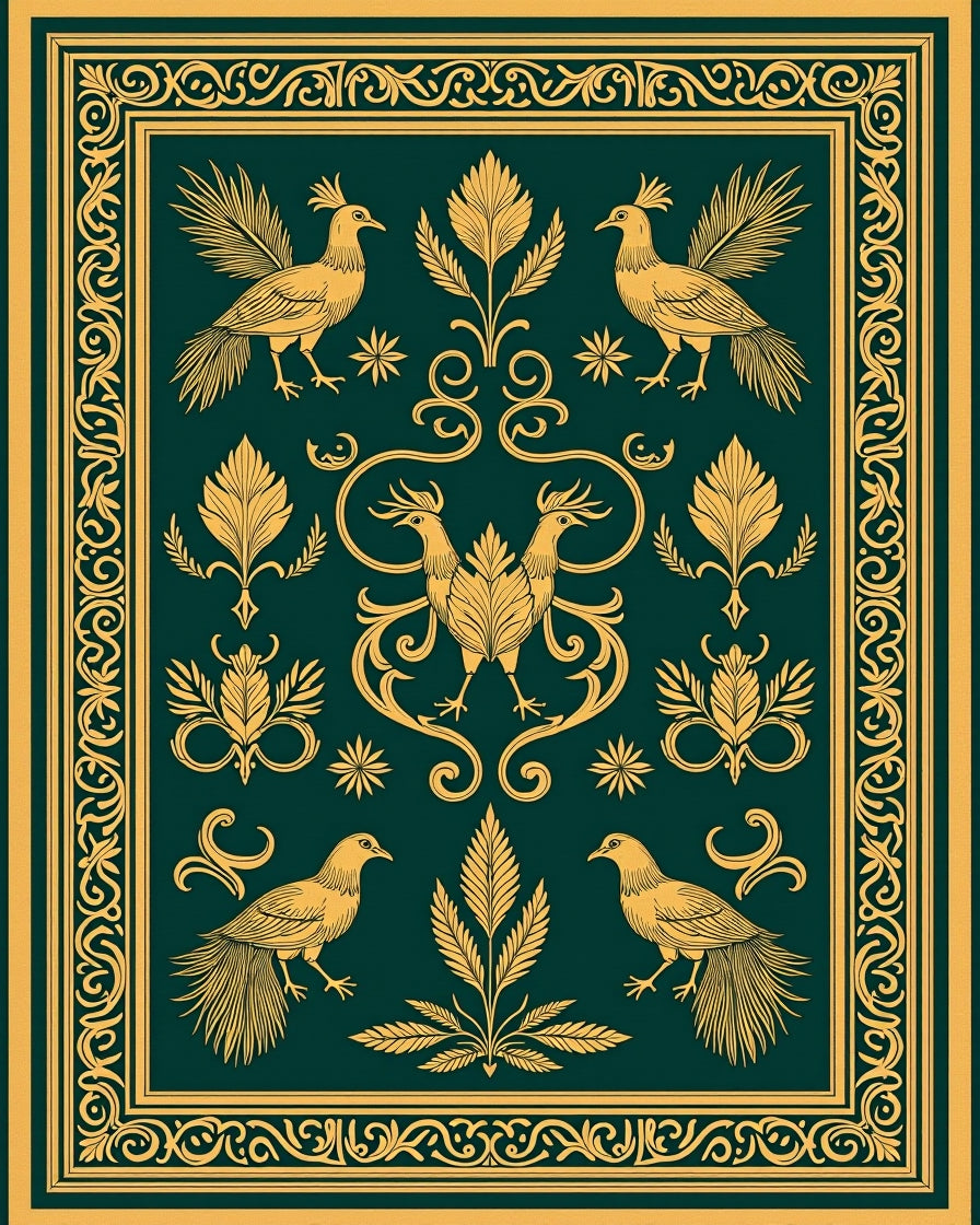 Emerald Gold Exotic Bird Border Rug