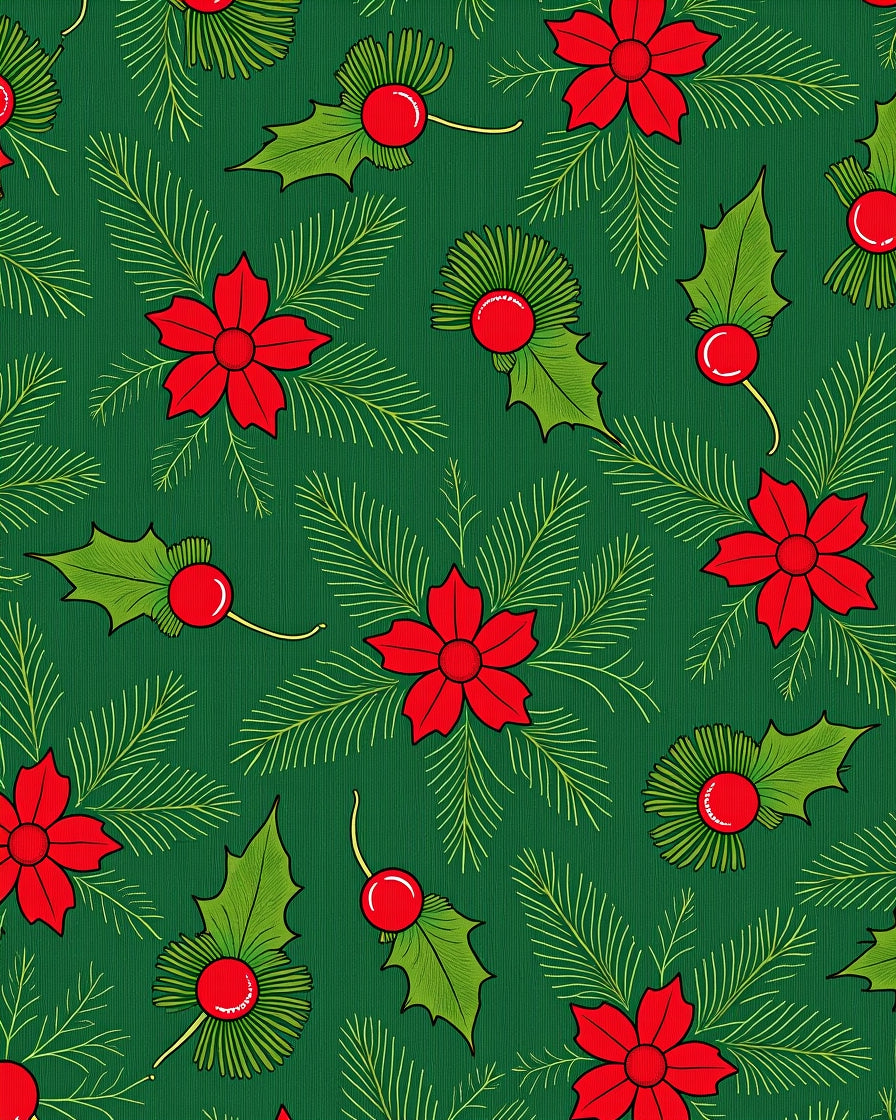 Green Red Christmas Holly Poinsettia Sprigs Rug