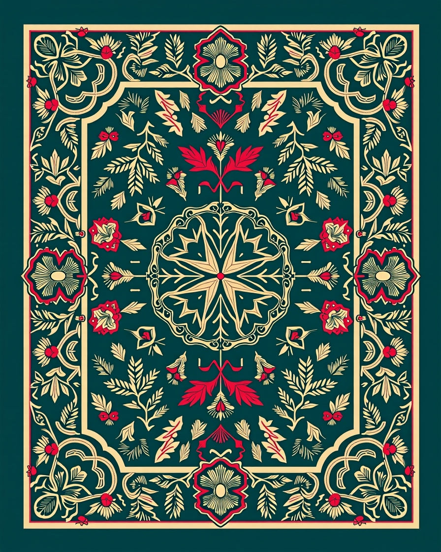 Deep Teal Floral Intricate Medallion Rug