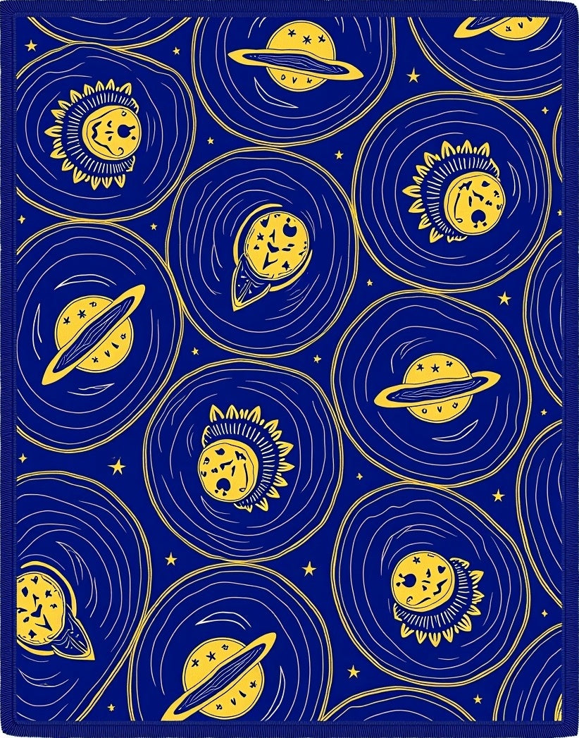 Cosmic Yellow Planets Blue Night Rug