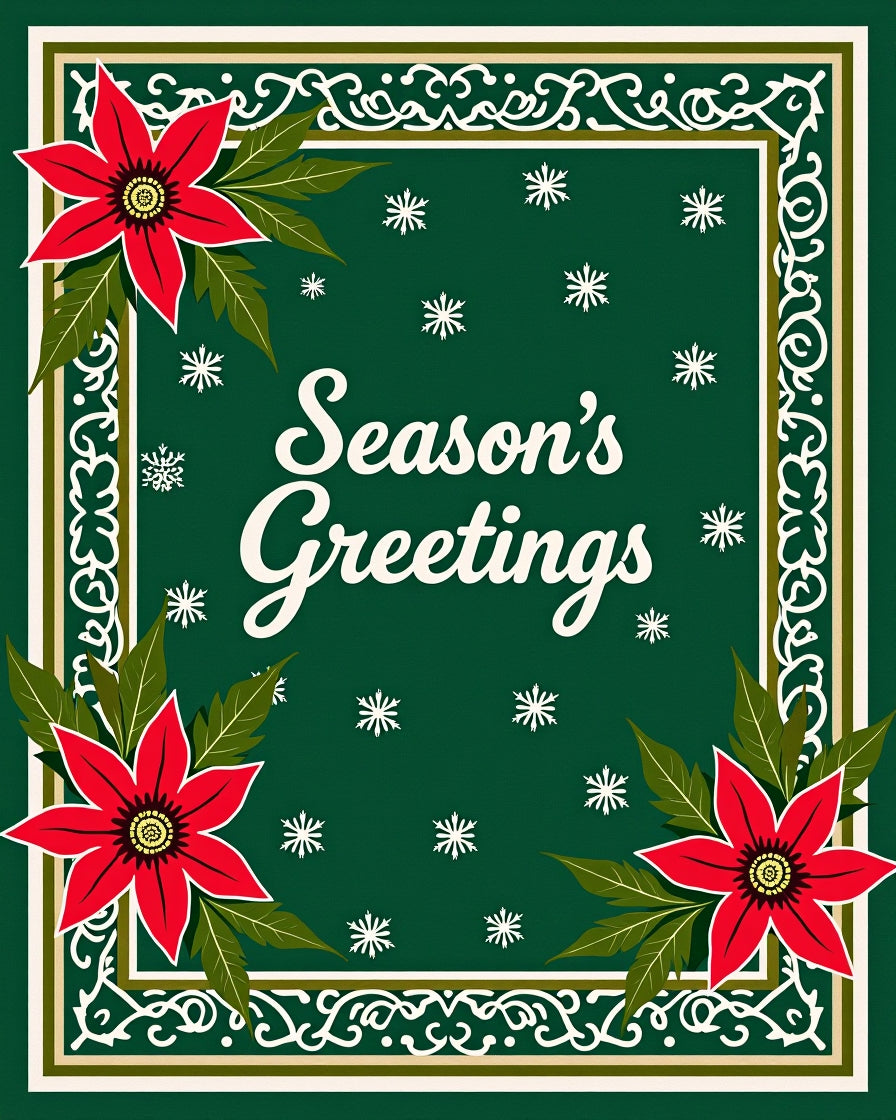 Red Poinsettia Green Snowflake Border Rug