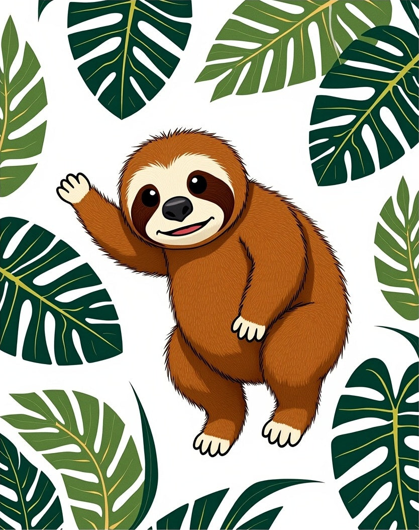 Cute Sloth Tropical Leaf Whimsy Rug