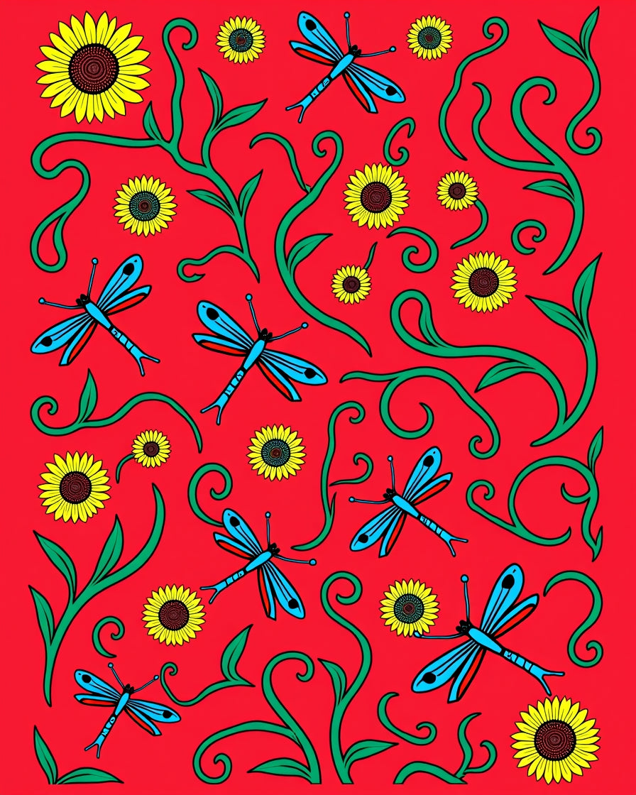 Red Sunflower Dragonfly Whimsical Vines Rug