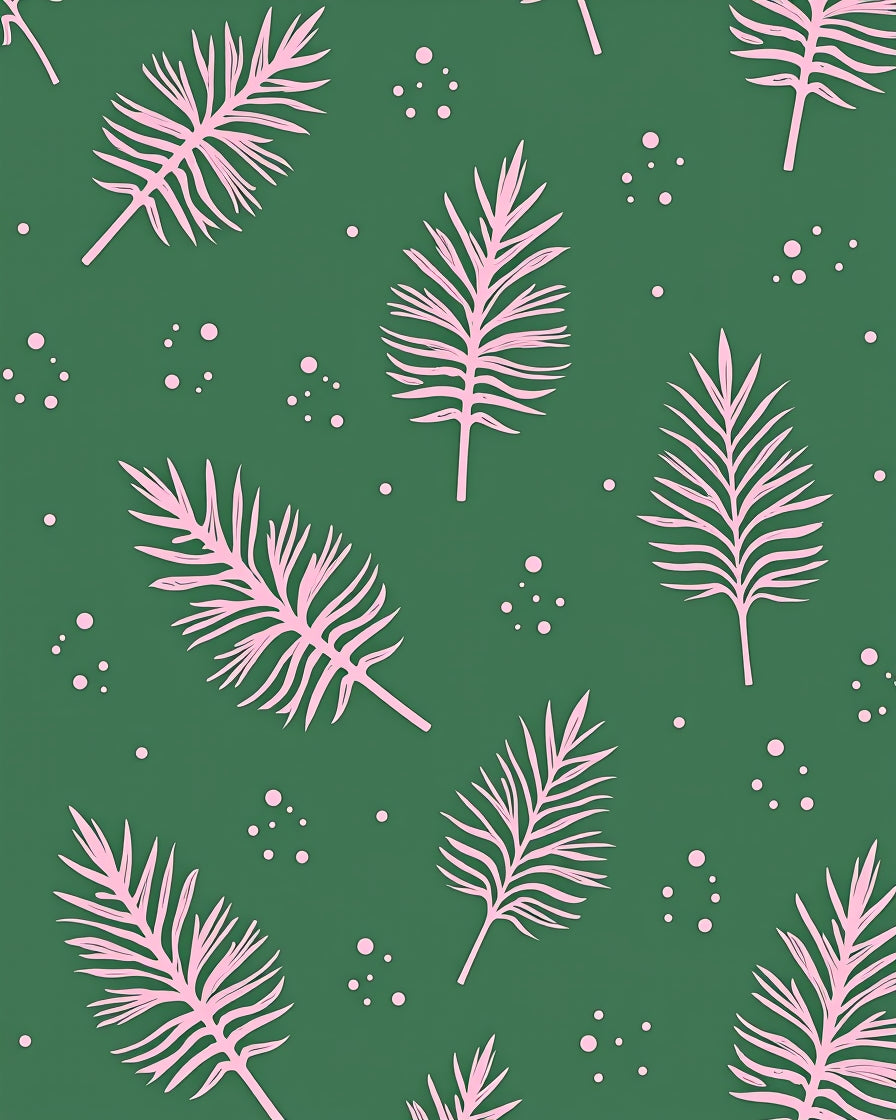 Pink Palm Frond Scattered Green Rug