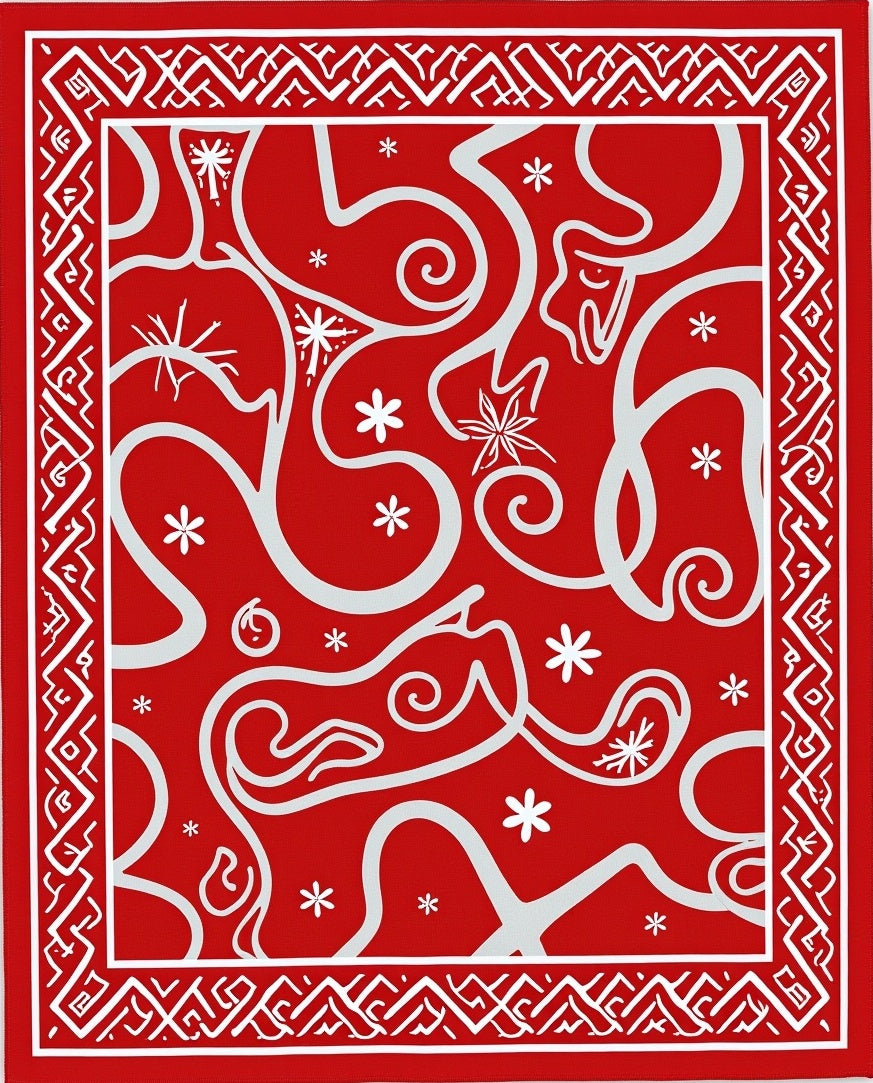 Bold Red White Swirl Snowflake Border Rug