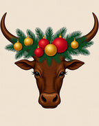 Brown Bull With Christmas Ornament Wreath Rug