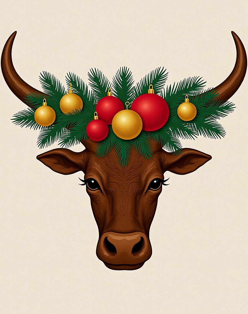 Brown Bull With Christmas Ornament Wreath Rug