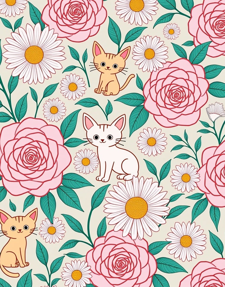 Playful Kittens Amongst Pink Roses Rug