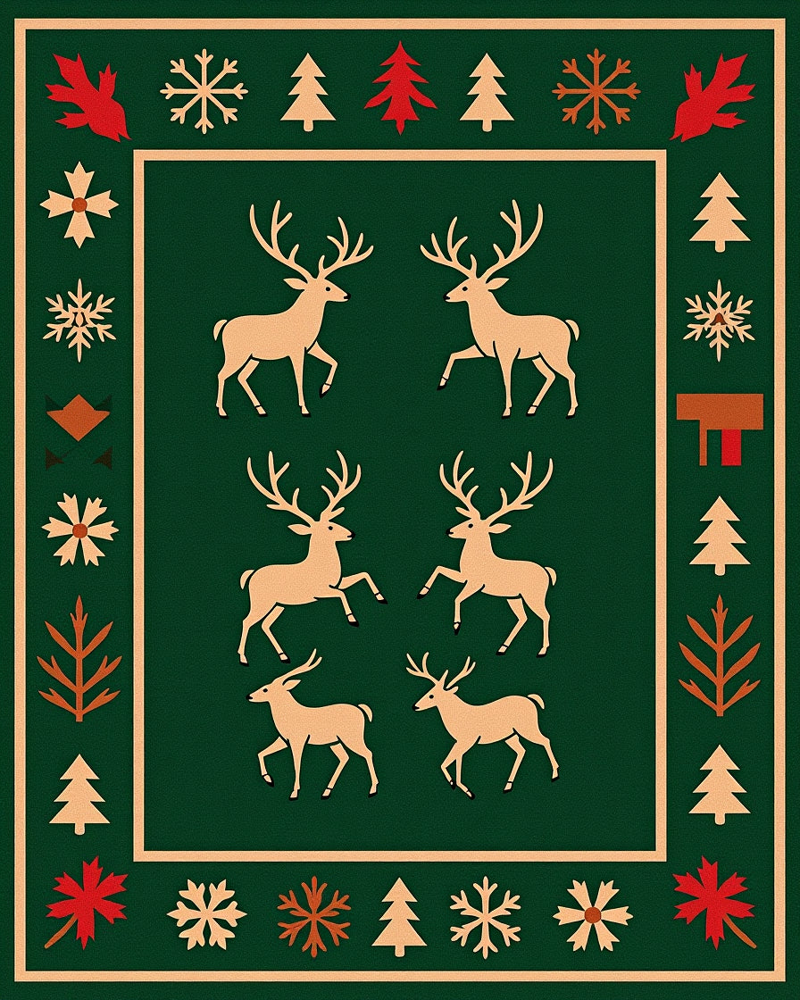 Forest Green Reindeer Snowflake Border Rug