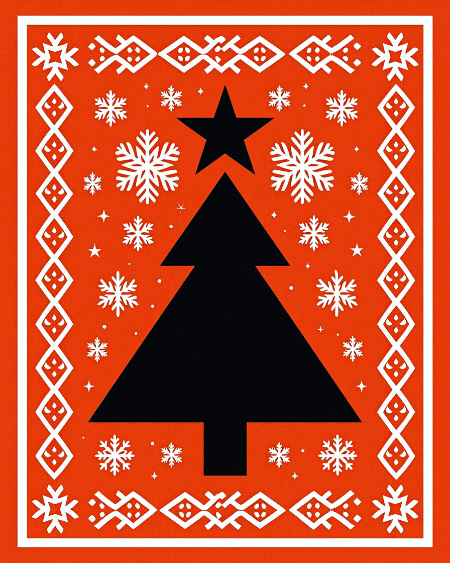 Festive Red Black Pine Snowflakes Star Rug