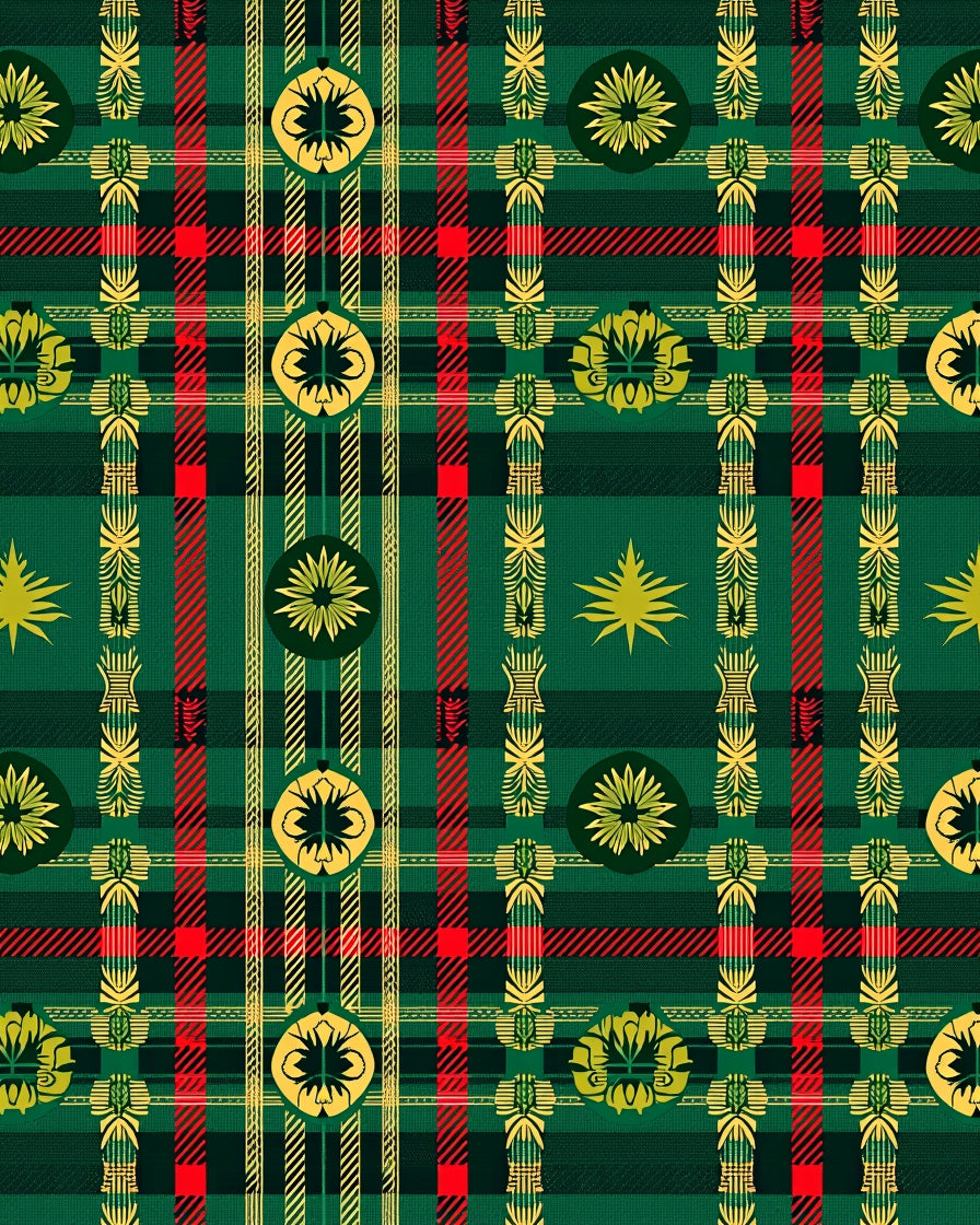 Green Red Gold Plaid Floral Rug