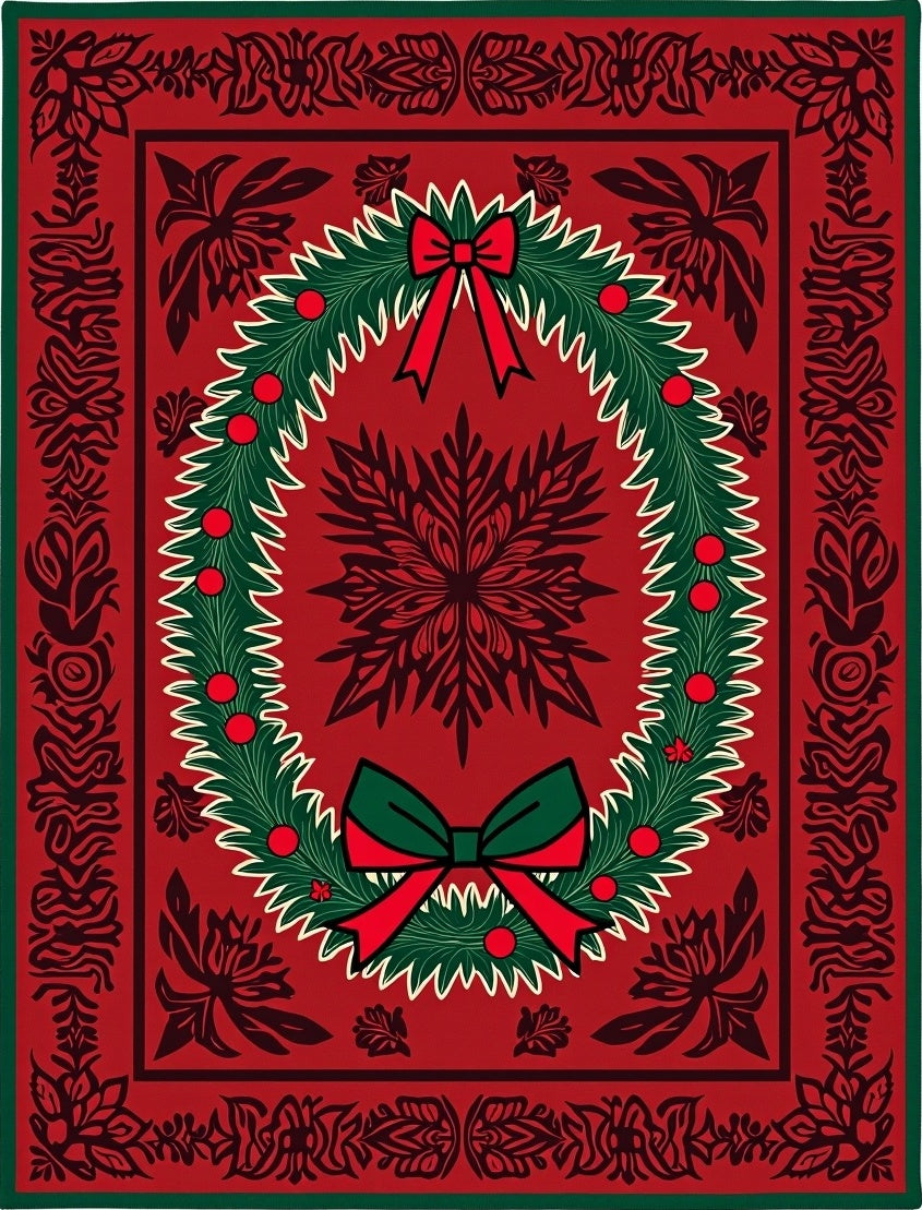 Red Wreath Festive Holiday Border Rug