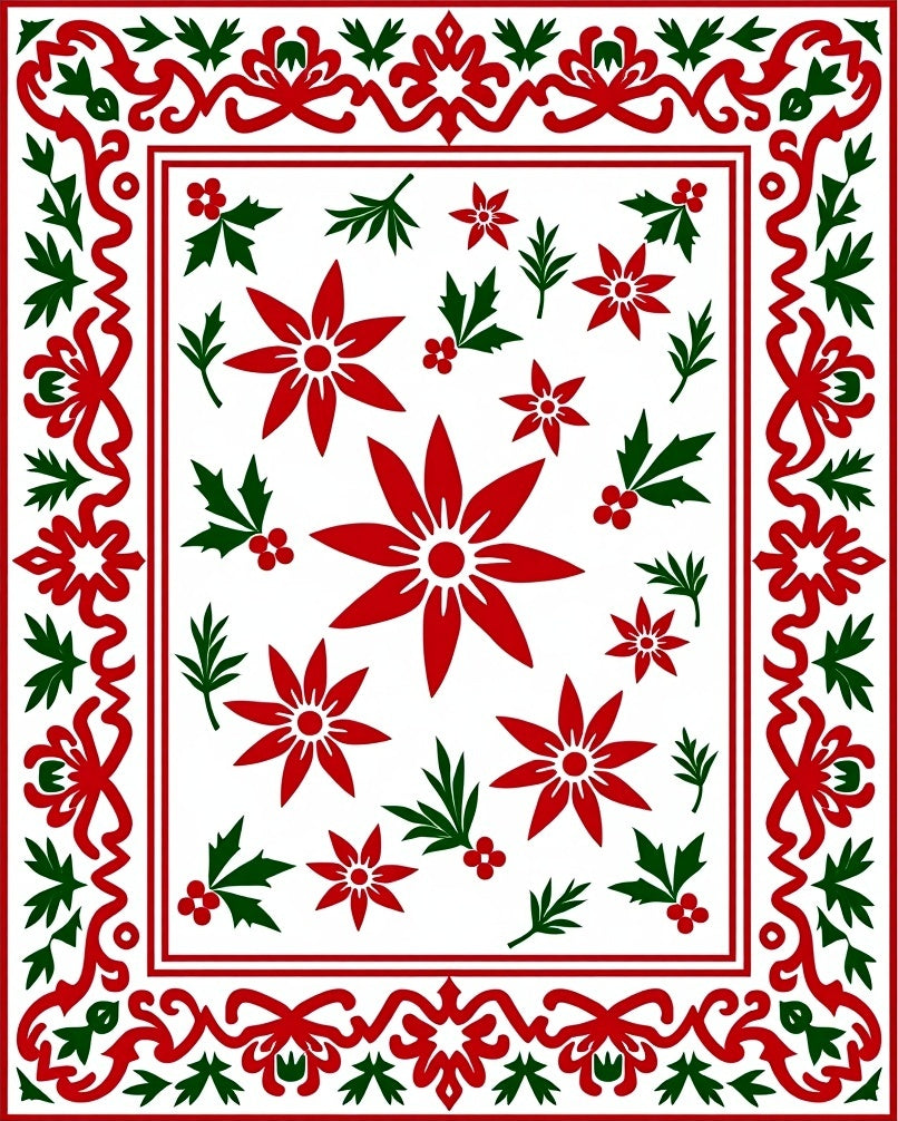 Festive Red Green Poinsettia Border Rug