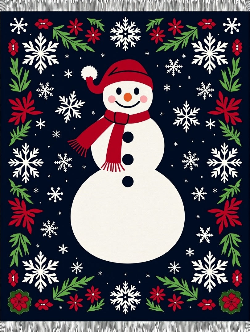 Whimsical Snowman Red Floral Snowflakes Rug