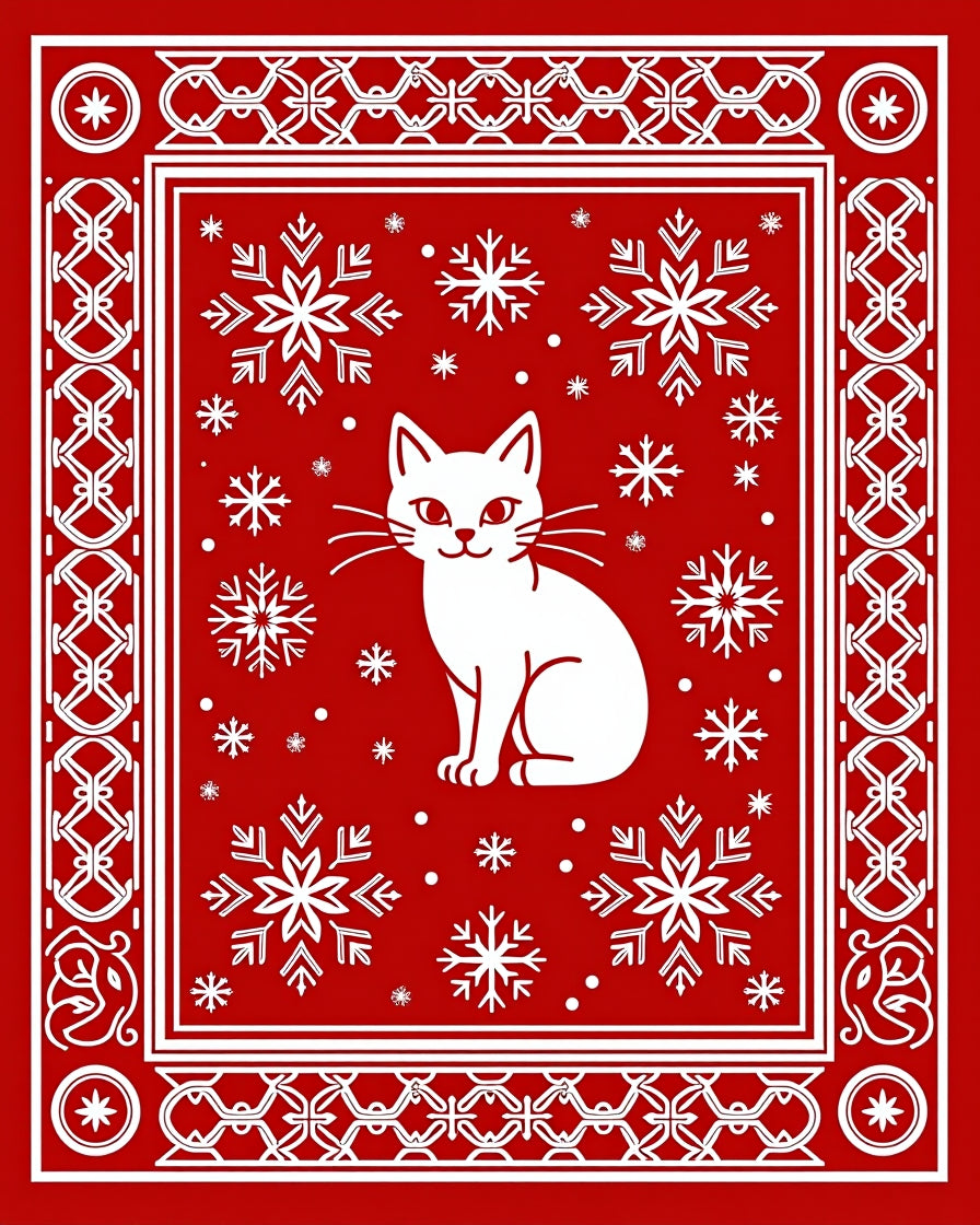 Whimsical White Cat Snowflake Border Rug