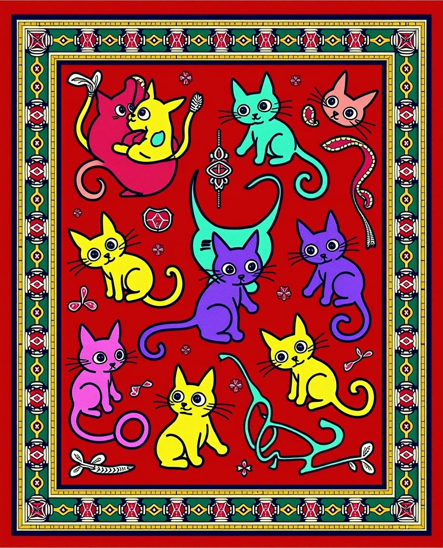 Playful Neon Cats Red Field Rug