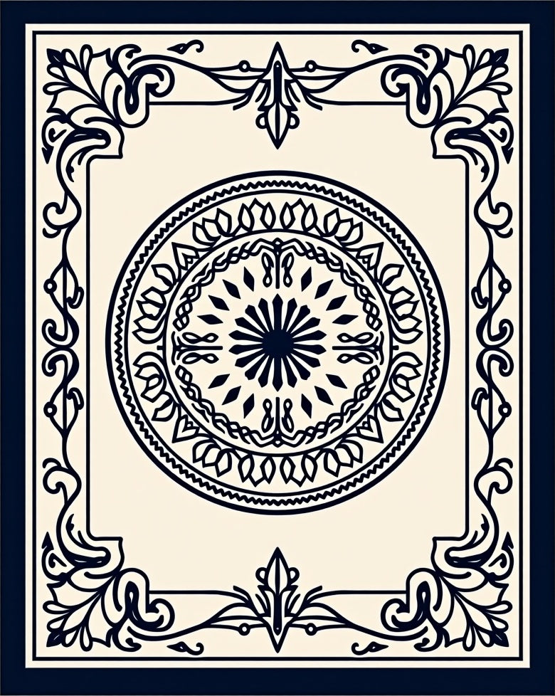 Ornate Dark Blue Medallion Border Rug