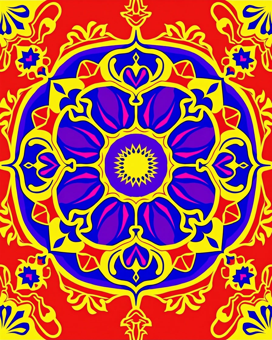 Vibrant Red Blue Yellow Floral Mandala Rug