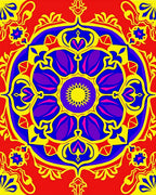 Vibrant Red Blue Yellow Floral Mandala Rug