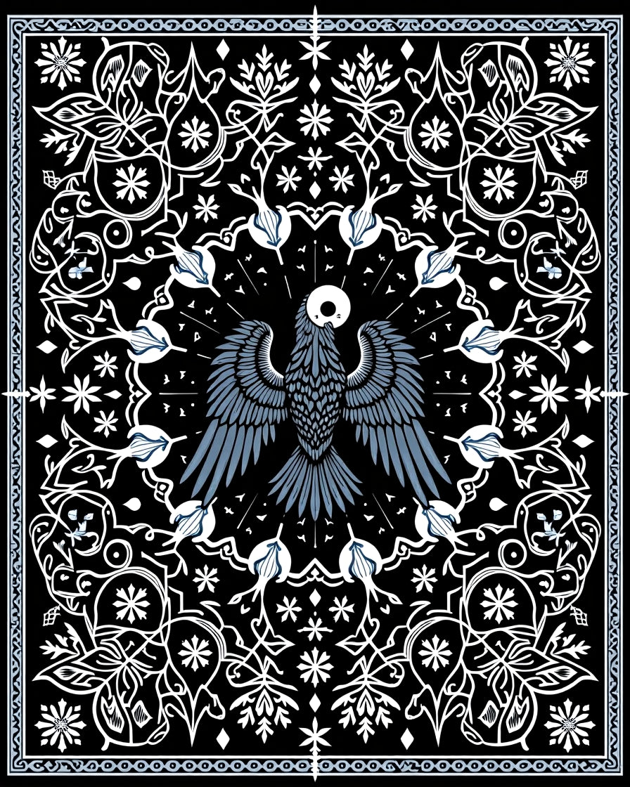 Mysterious Black Bird Floral Scroll Rug