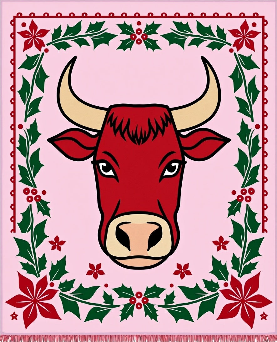 Bold Red Bull Christmas Holly Rug