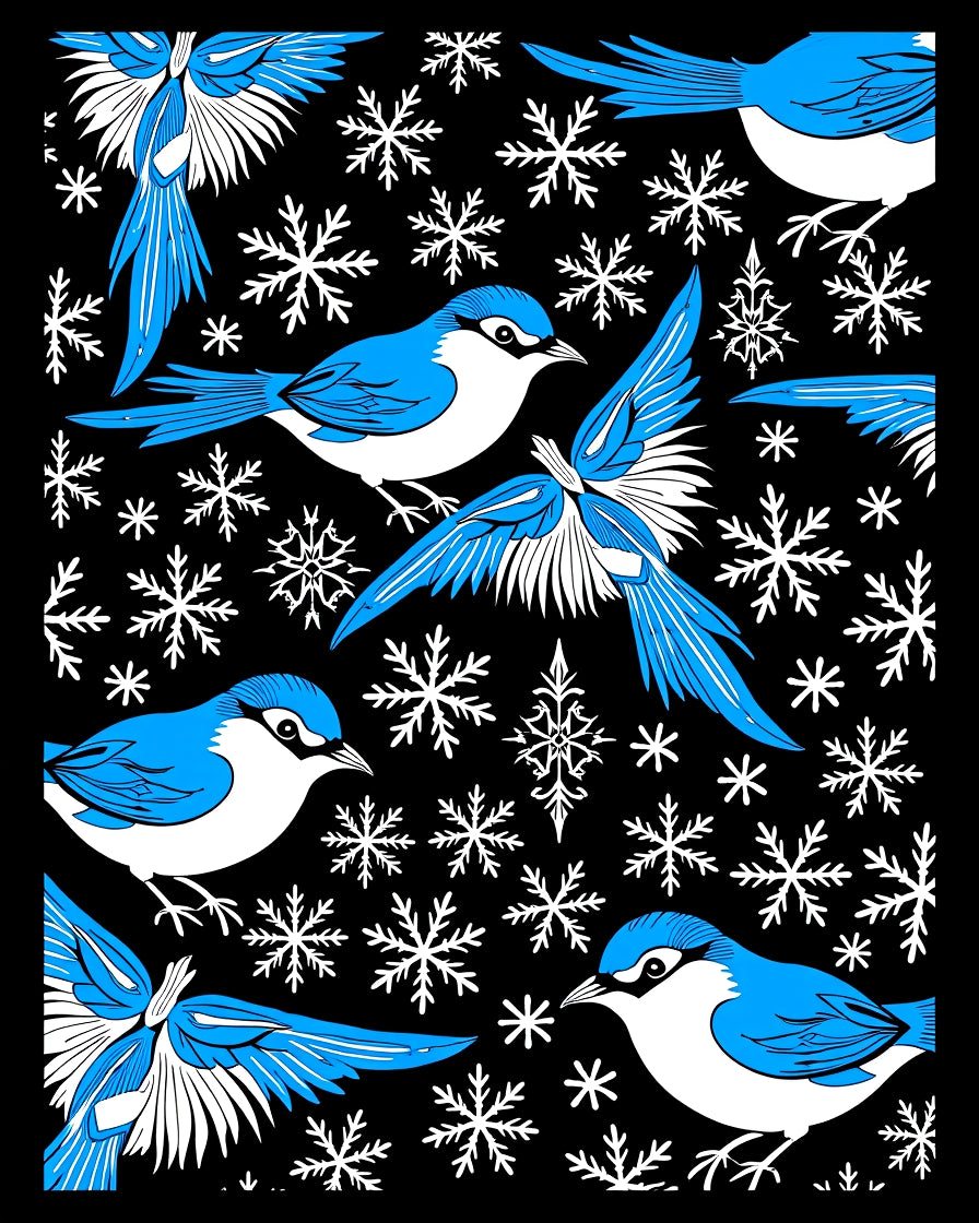 Blue Jay Snowflakes Black Background Print Rug