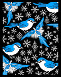 Blue Jay Snowflakes Black Background Print Rug