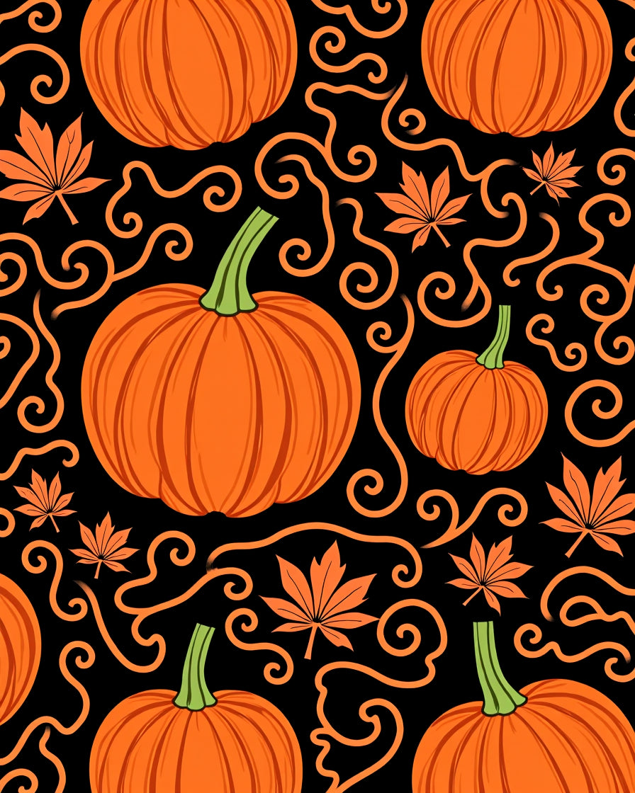 Orange Pumpkin Squash Black Swirls Leaves Rug
