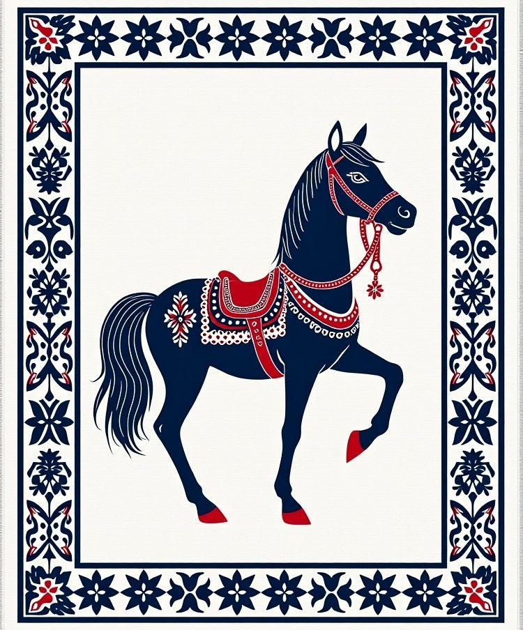 Navy Blue Red Horse Folk Art Rug