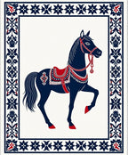 Navy Blue Red Horse Folk Art Rug
