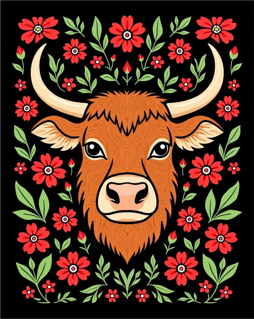 Highland Cow Red Floral Border Rug