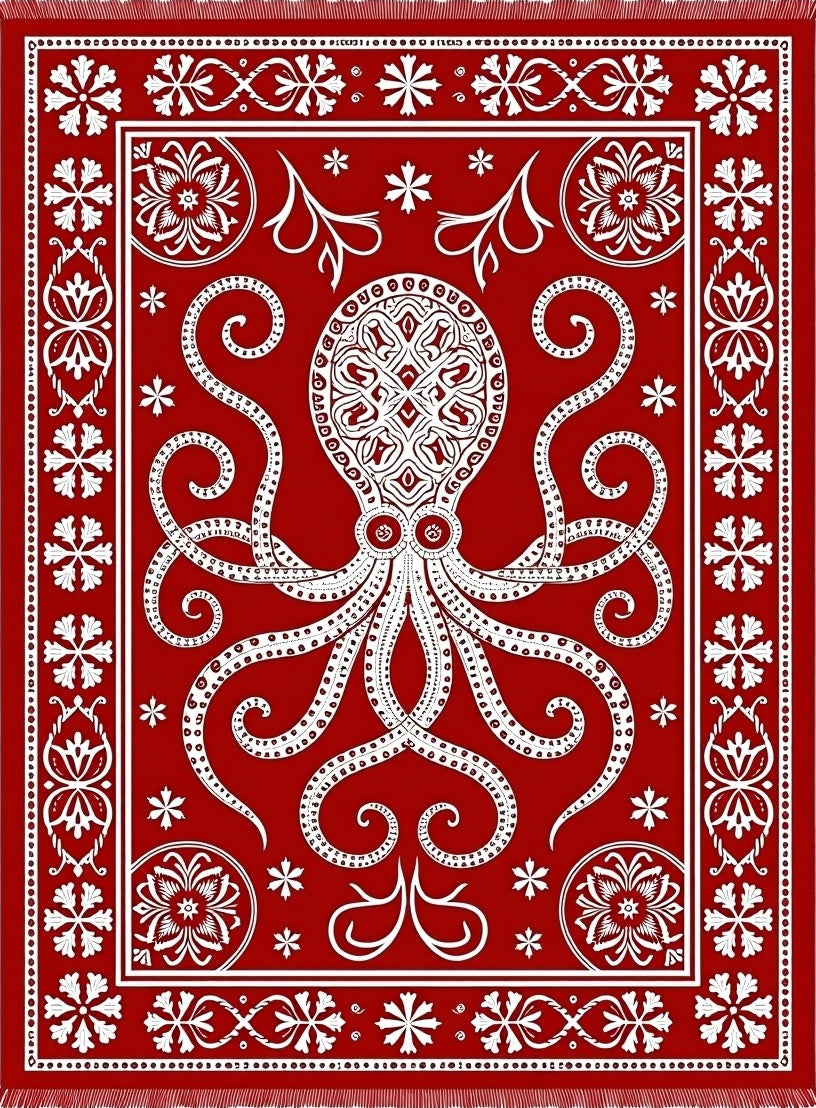Crimson Octopus Intricate Border Rug