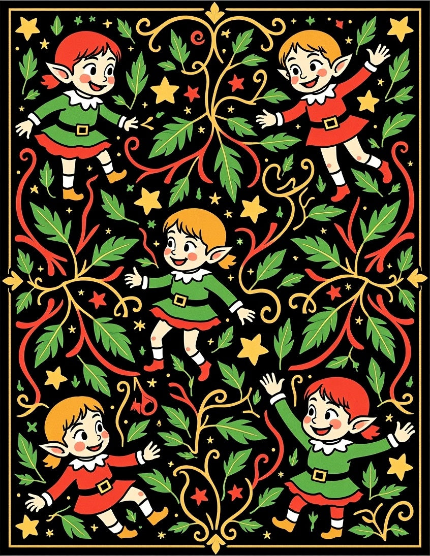 Festive Elf Swirl Foliage Black Rug