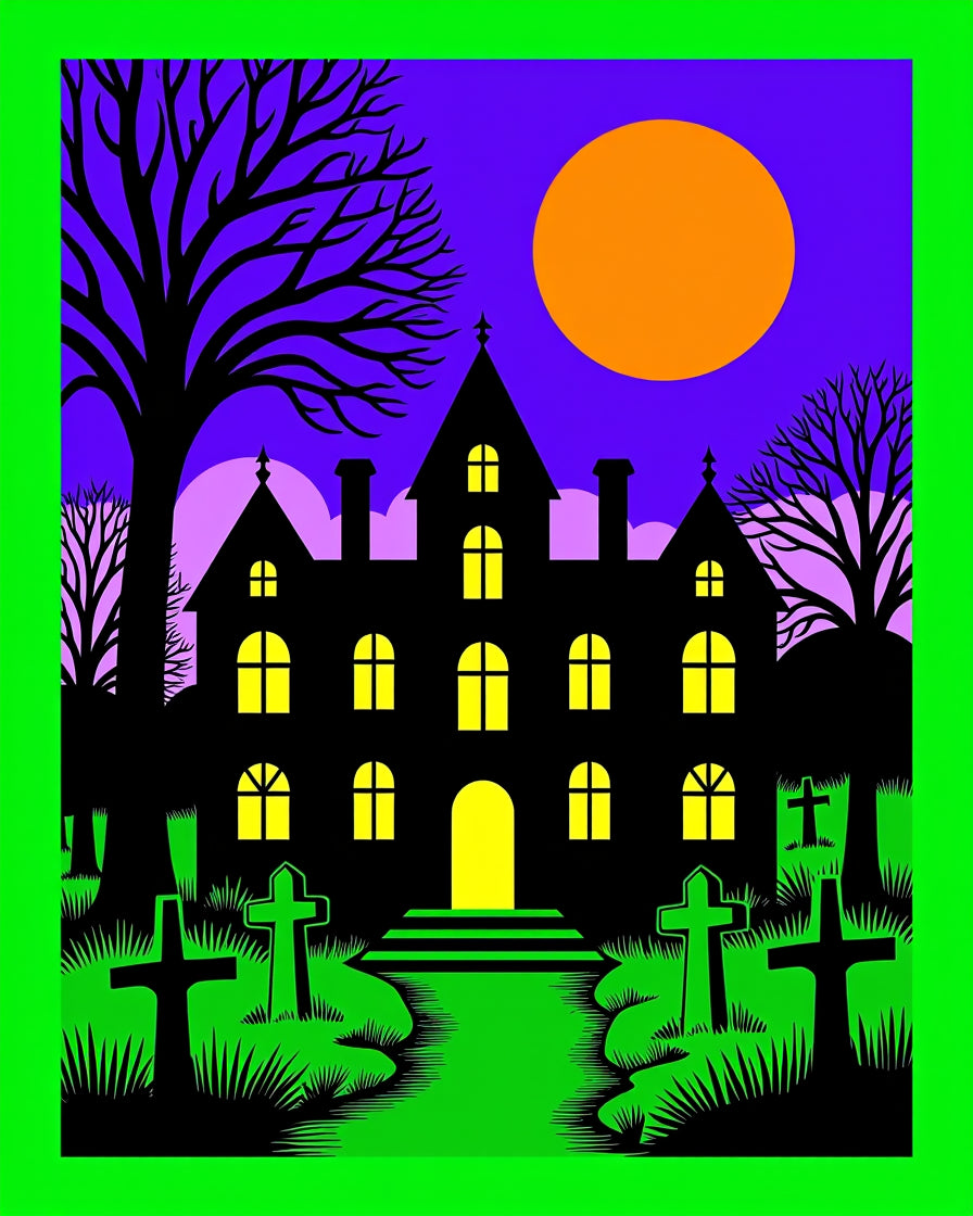 Spooky Mansion Orange Moon Haunted Graphic Rug