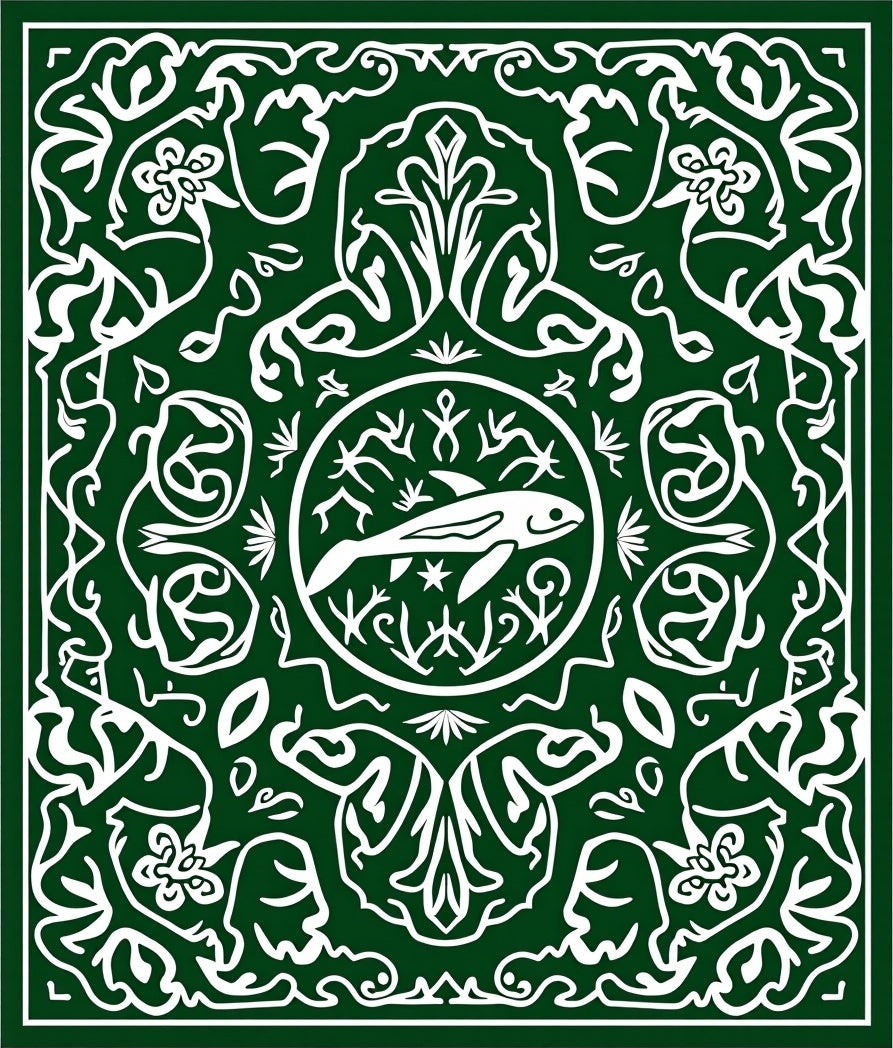 Deep Green Fish Medallion Folk Art Rug