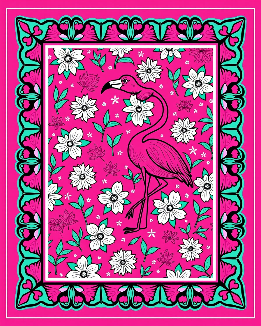 Vibrant Pink Flamingo Floral Meadow Rug