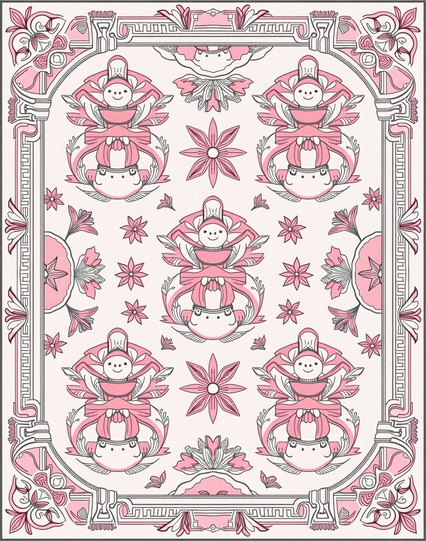 Pink Child Figure Floral Frame Rug