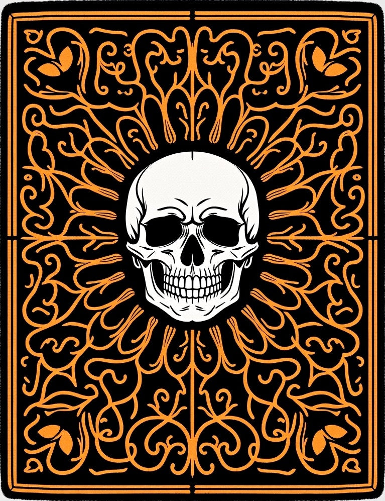 Black Orange Skull Radiating Swirls Rug