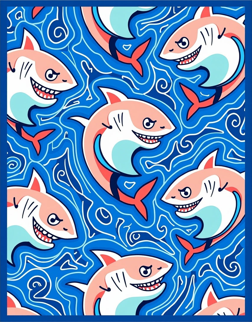 Playful Coral Sharks Blue Water Swirls Rug
