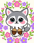 Cute Gray Wolf Holding Acorns Floral Wreath Rug