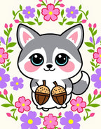 Cute Gray Wolf Holding Acorns Floral Wreath Rug