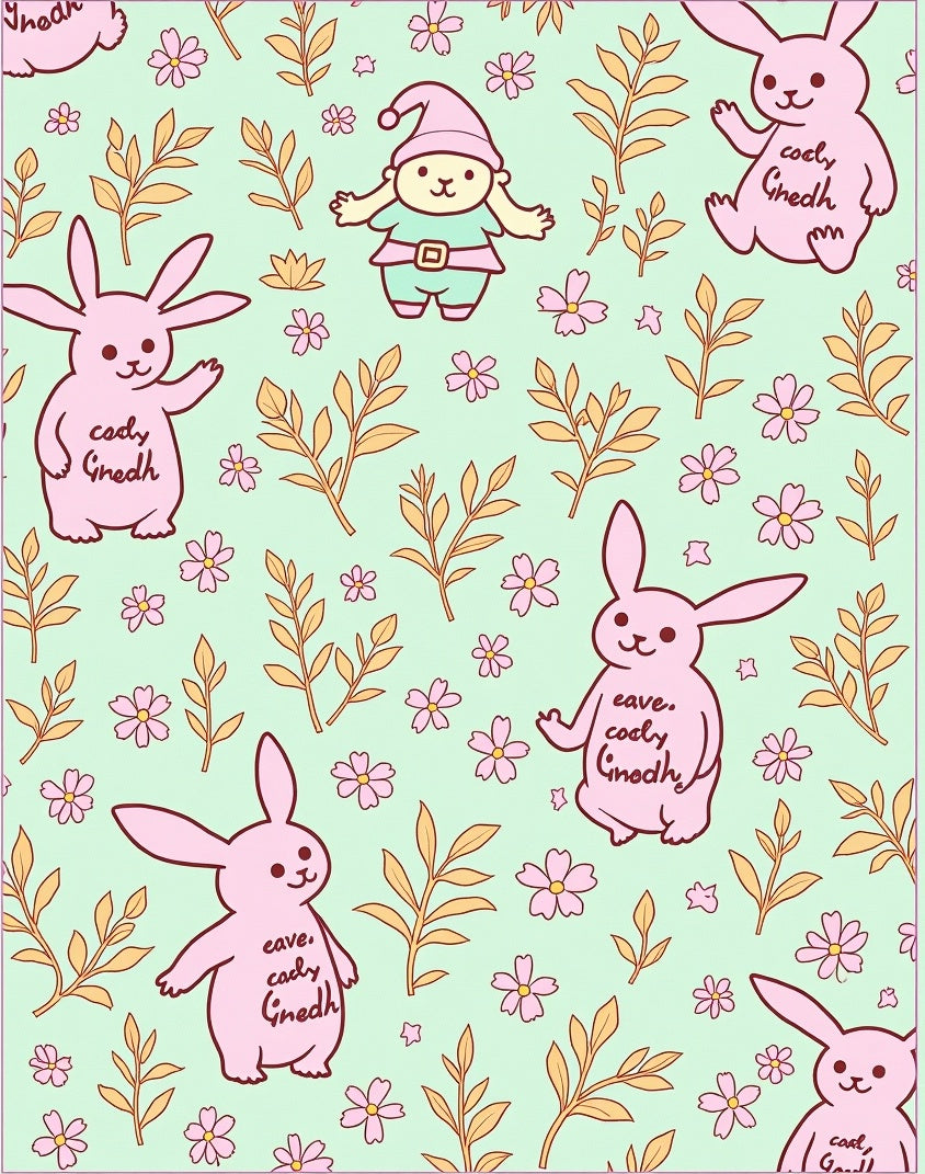 Pastel Pink Bunny Floral Garden Rug