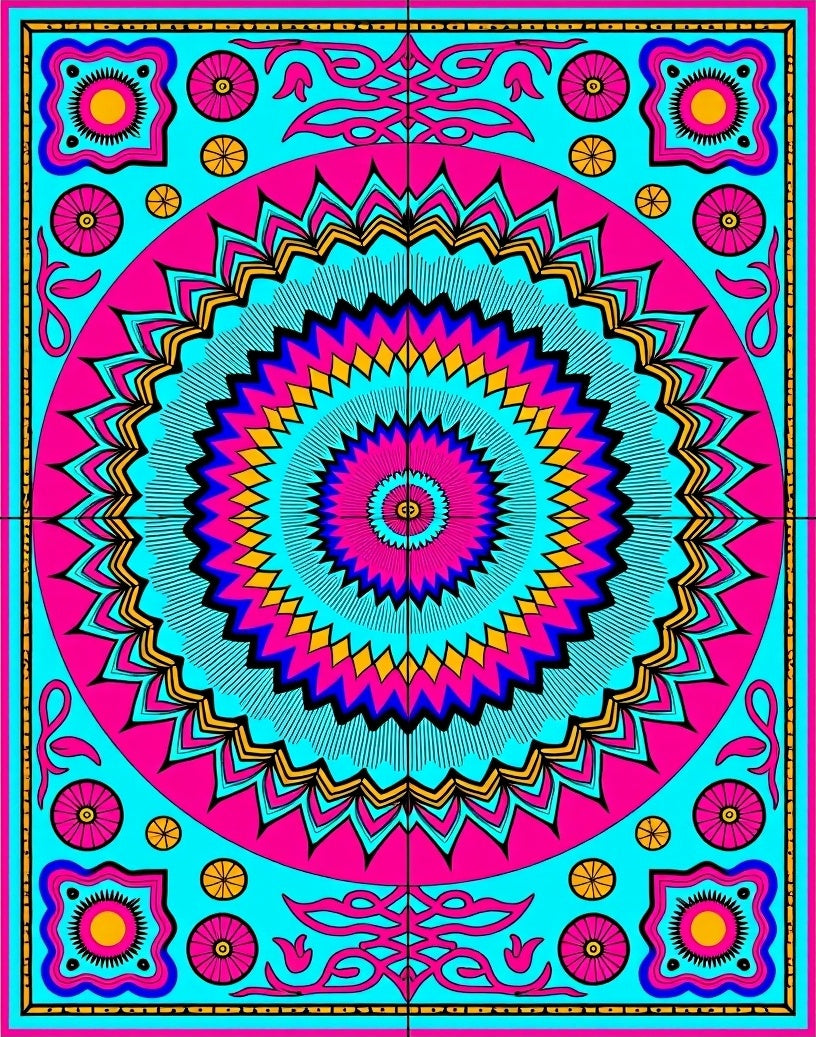 Vibrant Pink Teal Sunburst Medallion Rug