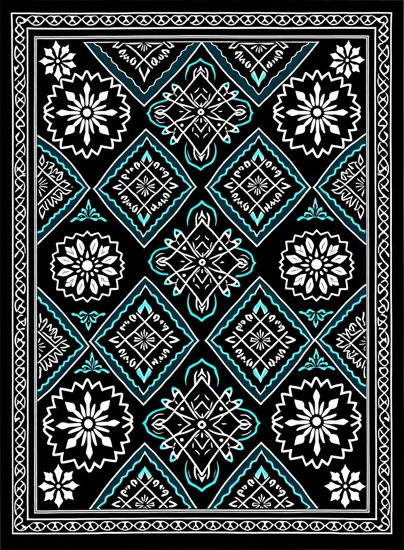 Black Turquoise Floral Medallion Diamond Rug
