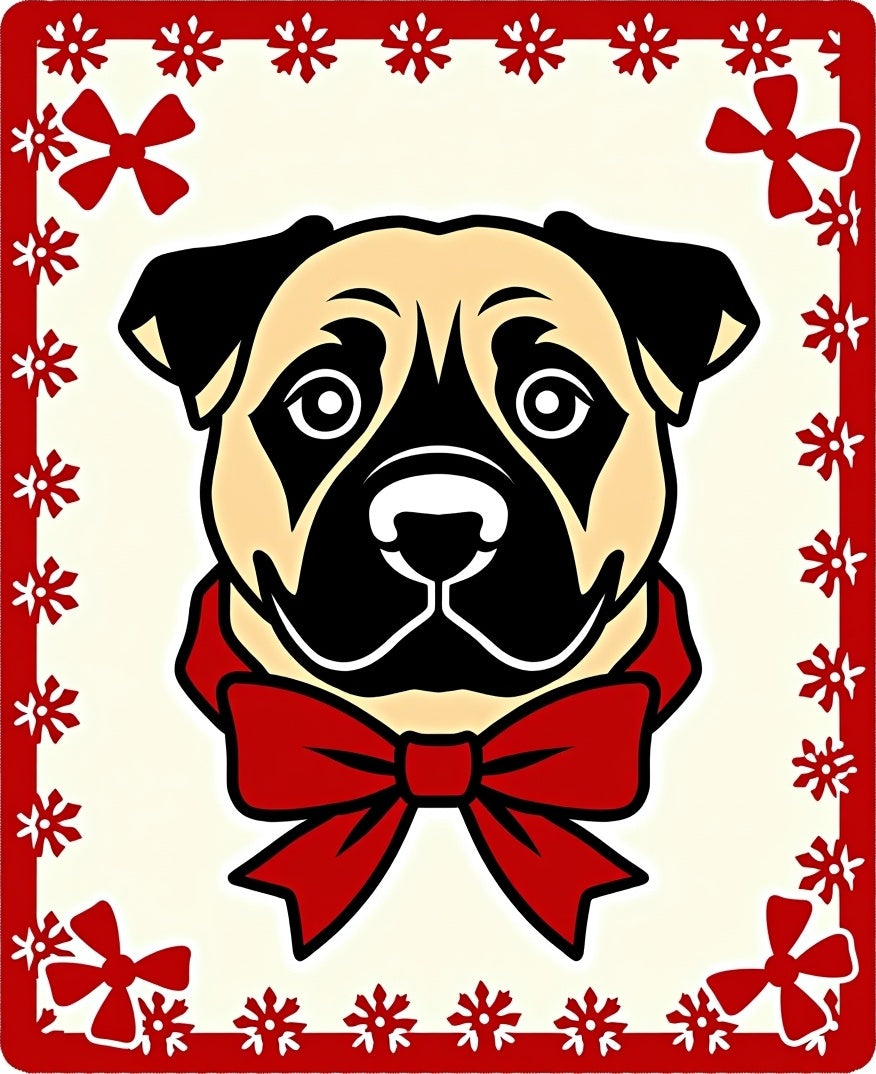 Festive Cream Pug Red Bow Rug