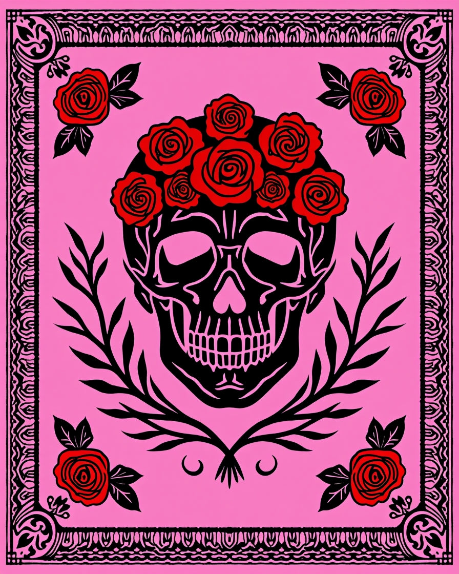 Black Skull Red Rose Garland Pink Background Rug