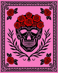 Black Skull Red Rose Garland Pink Background Rug