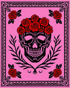 Black Skull Red Rose Garland Pink Background Rug