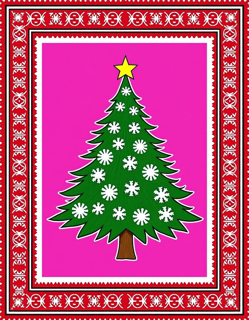 Festive Green Christmas Tree Pink Border Rug