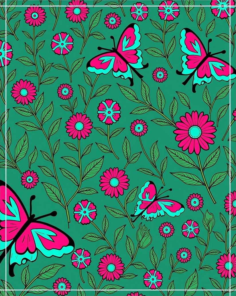 Pink Butterfly Blooming Garden Teal Rug